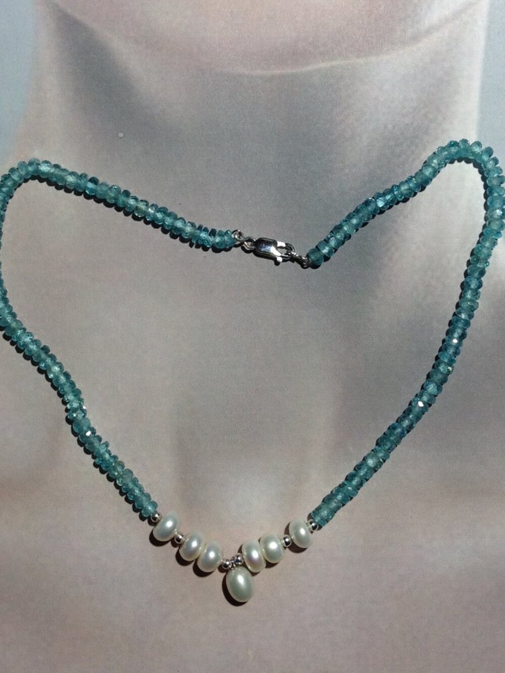 Natural Faceted Rondelle Blue Apatite Beads and Freshwater Pearl Necklace.